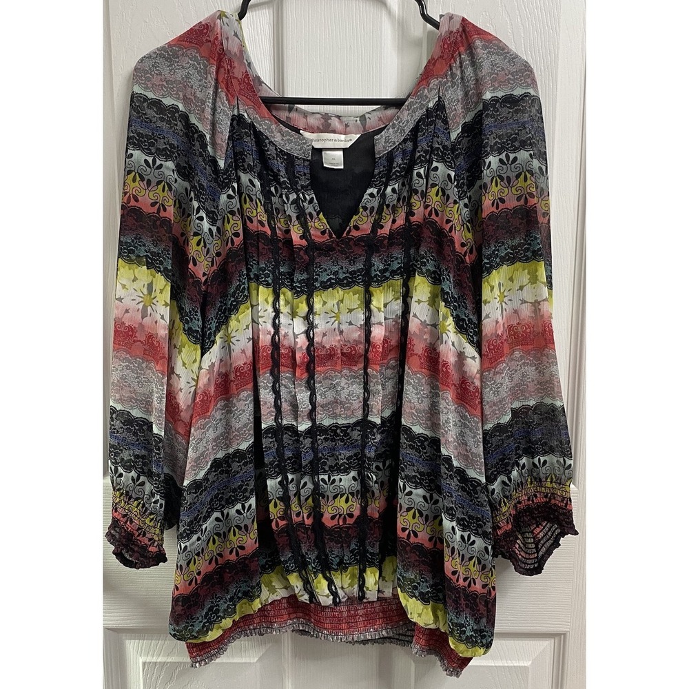 Christopher&Banks Womens‎ Pullover Floral Dress Shirt Black/Yellow/Red Blouse XL